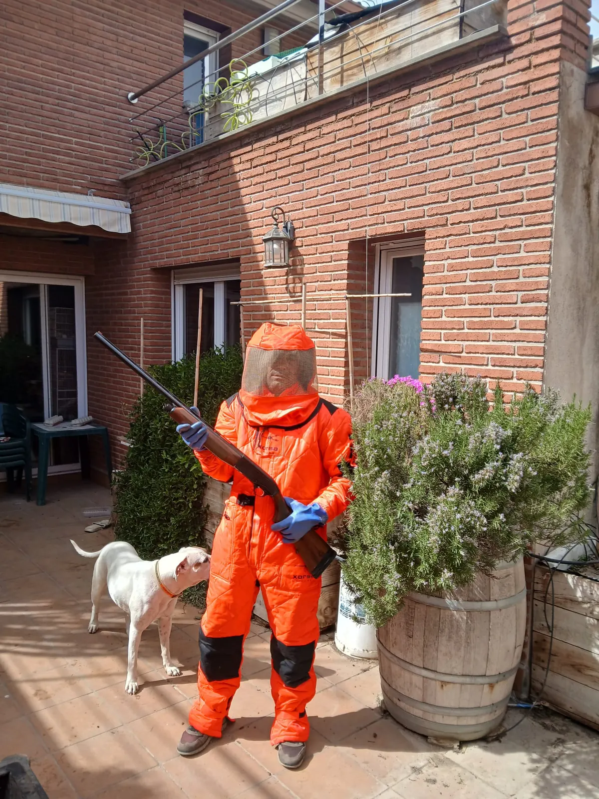 Técnico de La Colmena con traje de protección naranja y lanza pértiga